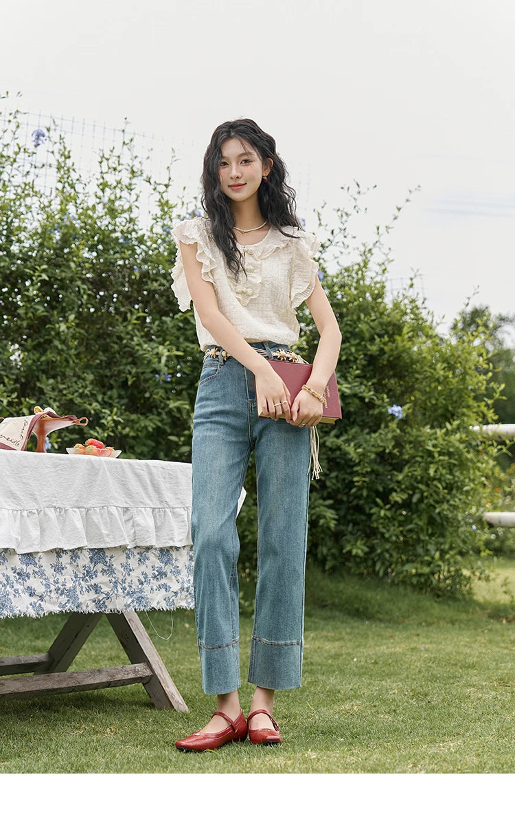 MISHOW Chinese Retro Button Up Blouse for Women 2024 Summer Flying Sleeve Chiffon Embroidery V-Neck Top with Camisole MXD21X1374