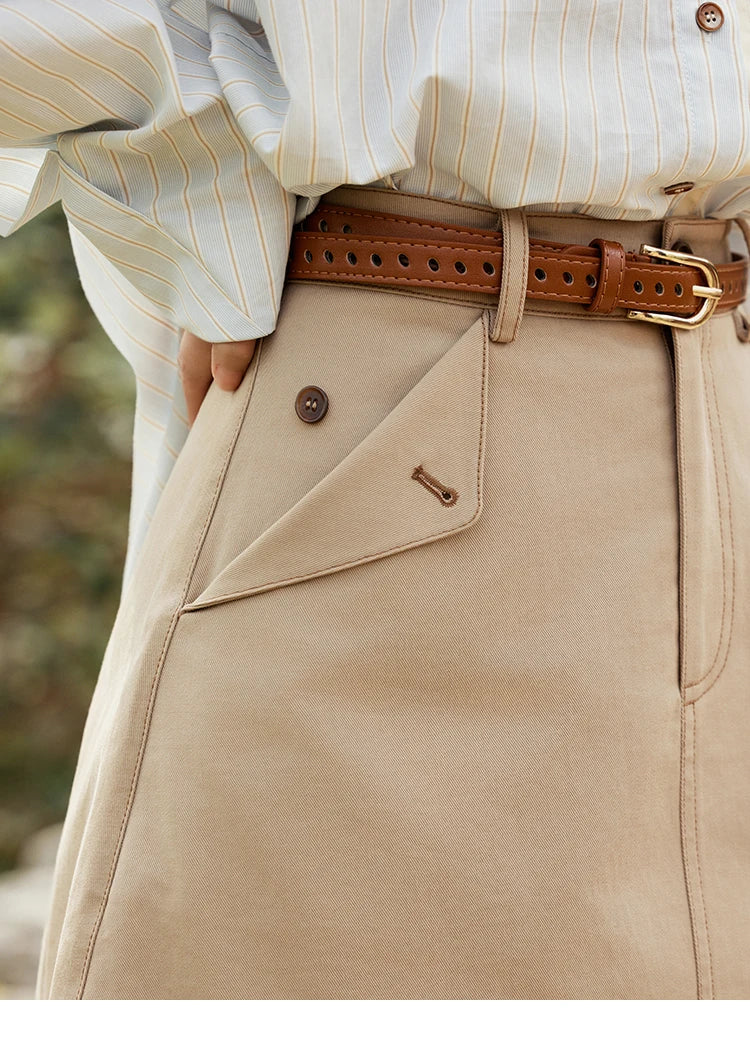 MISHOW Khaki A-line Short Skirt Spring 2025 100Cotton High Waist Versatile Skirt Zipper Pockets Skirt (Not with Belt) MXE15B0696