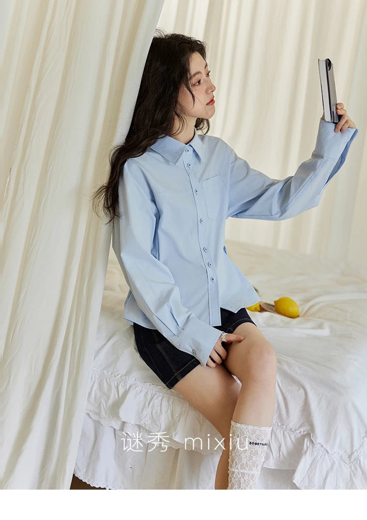 MISHOW Women's French Blue Shirt Long Sleeve 2025 Spring Polo Collar Waist Pocket Versatile Shirt Single Breasted Top MXE14C0753