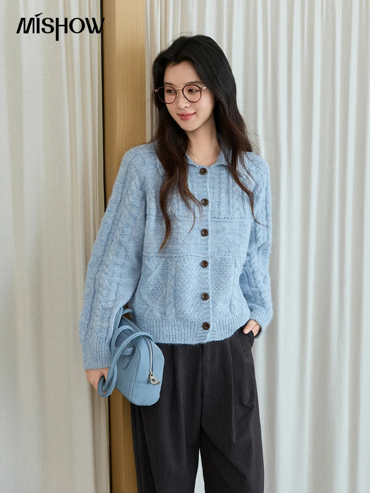 MISHOW Knitted Cardigan Women 2025 Autumn Winter Simple Turn-down Collar Loose Comfortable Single-breasted Sweater MXE48Z2611