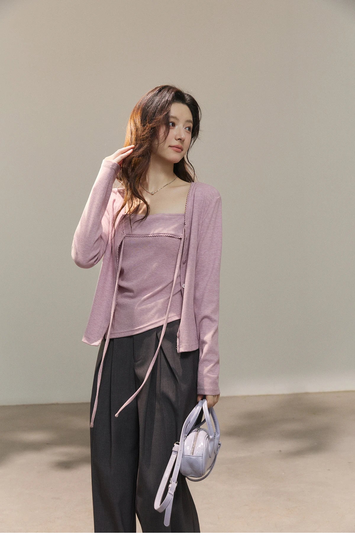 MISHOW Women's Purple Knitted Two-Piece Set 2026 Spring Knitted V-neck Lace-Up Cardigans Camisole Irregular Tops Set MXF13Z2998