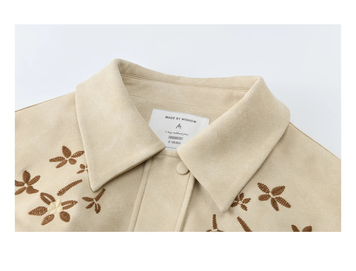MISHOW Women's Imitation Suede Jacket2026 Spring Floral Embroidery Lapel Zipper Coats Long Sleeve Casual Outerwear MXF11W1027