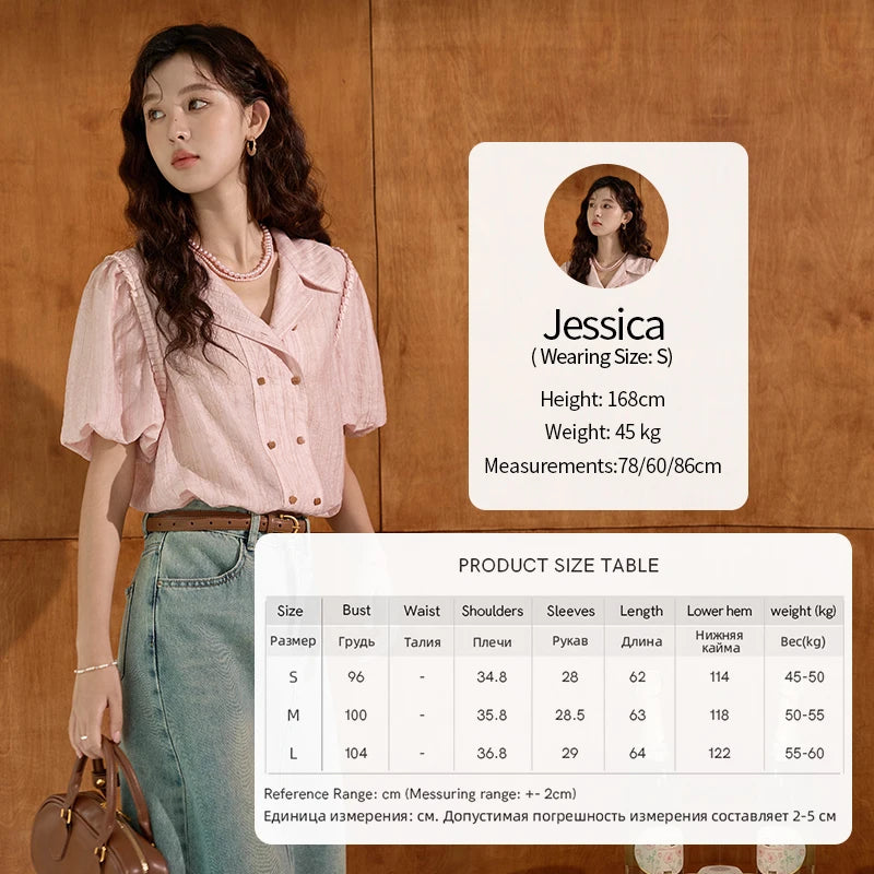 MISHOW Retro Pink Short Sleeved Shirt 2024 Summer V-neck Folded Ruffled Edge Top Elastic Cuffs Lapel Neck Blouses MXD29C0273