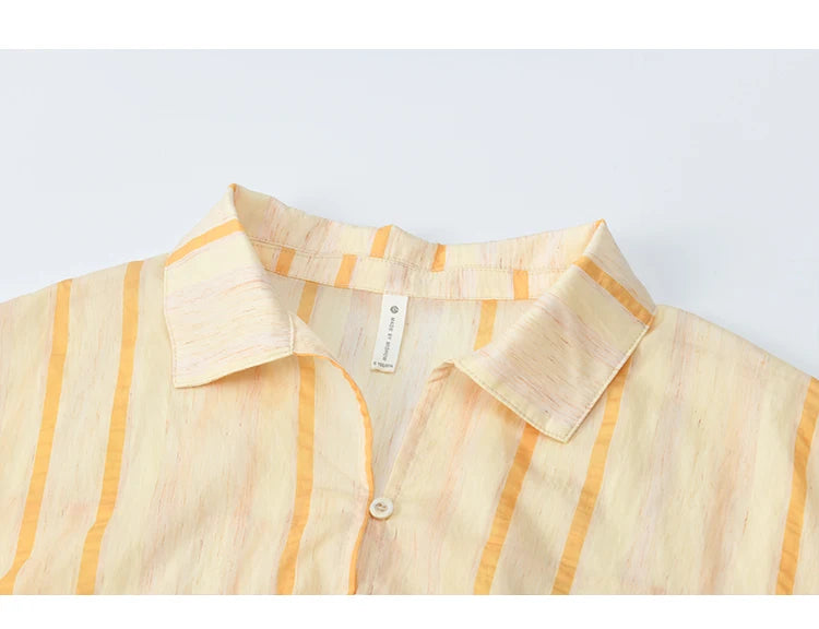 MISHOW Women's Korean Orange Stripe Linen Shirt 2025 Autumn Lapel Collar Lace Trim Cuffs Breathable Shirt Office Lady MXE43C2379