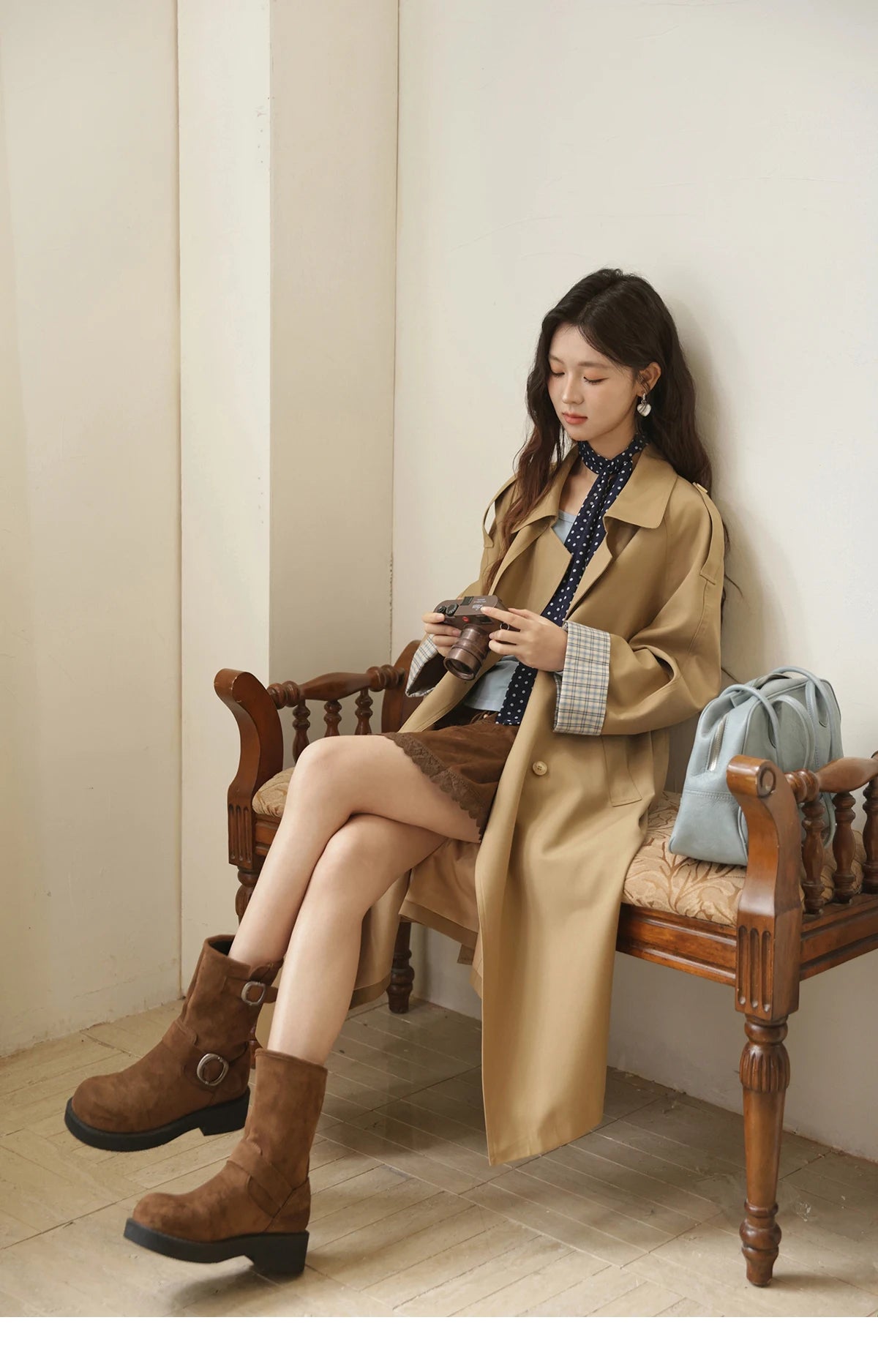 MISHOW Khaki Retro Plaid Flip Sleeve Trench Coat Autumn 2025 Double Breasted Belt Medium Length Trench Office Lady MXE44W0814