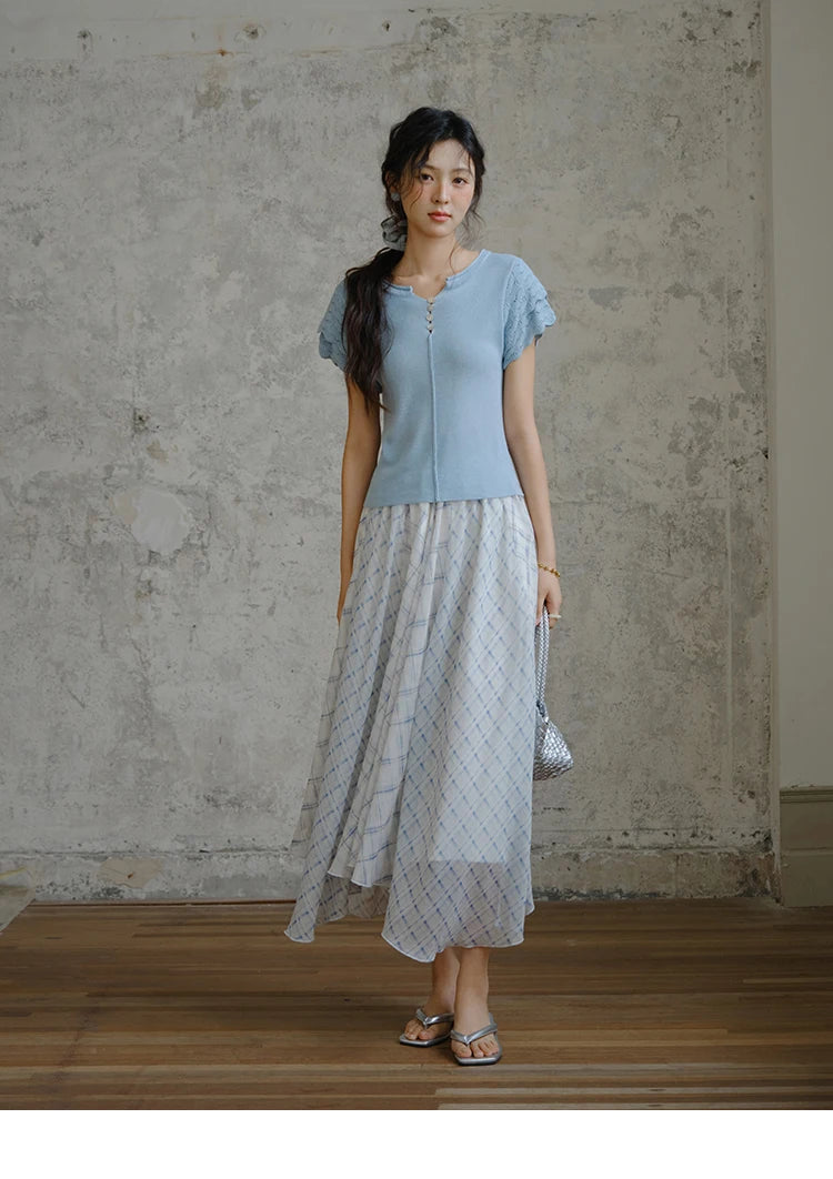 MISHOW Patchwork Plaid Chiffon Half Skirt for Women 2025 Summer Fashion Irregular Wave Edge High Waist A-line Skirt MXE34B0739