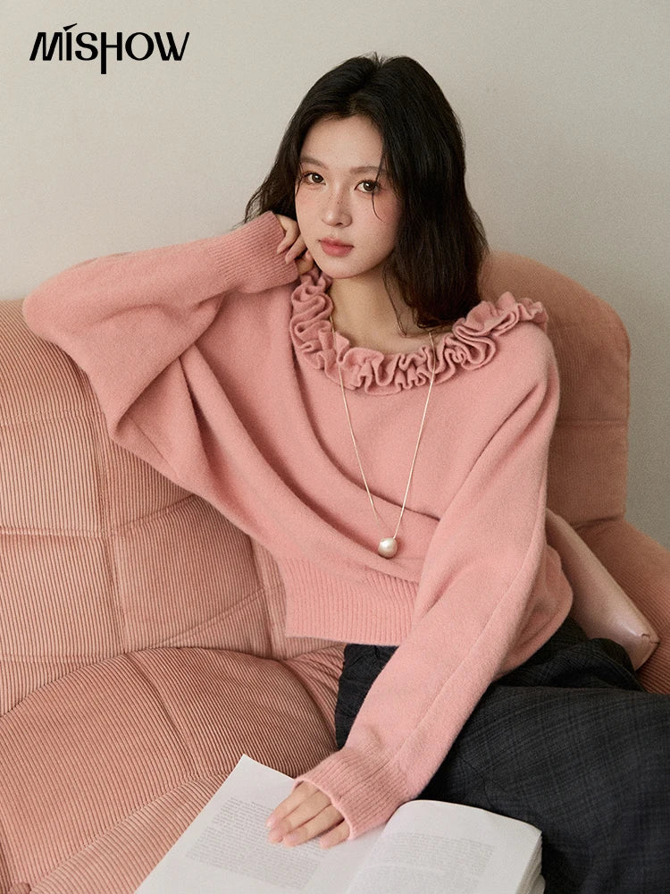 MISHOW Pullovers Women 2025 French Style Orange Lotus Edge Crew Neck Lantern Sleeves Top Slim Luxury Women's Sweaters MXE86Z2726