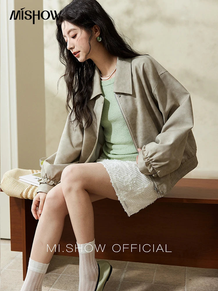 MISHOW Minimalist Short Jacket for Women Spring 2025 Casual Lapel Jacket Zipper Elastic Hem Solid Coats Streetwear MXE13W0715