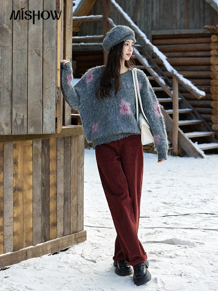 MISHOW Wool Yarn Plush Fur Flower O-Neck Pullover Knitted Sweater Women Clothes Warm Versatile Long-sleeved Tops MXD56Z1001
