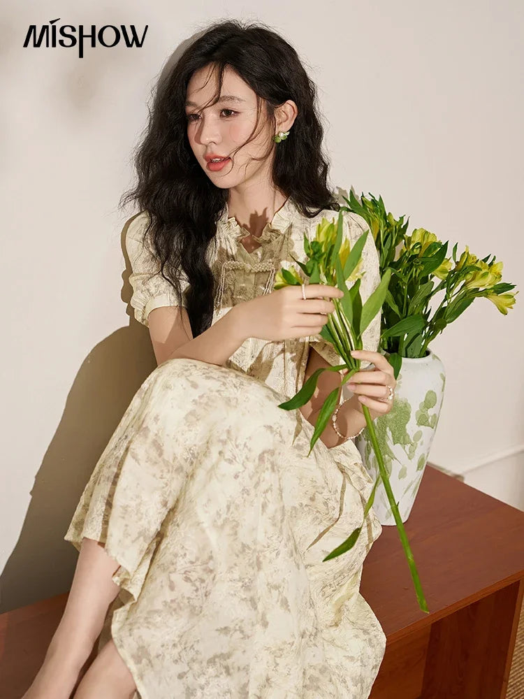 MISHOW Chinese Chiffon Embroidered Shirt A-line Skirt Separately Summer Puff Sleeve Top Rear Elastic Waist Skirt MXD24X1405