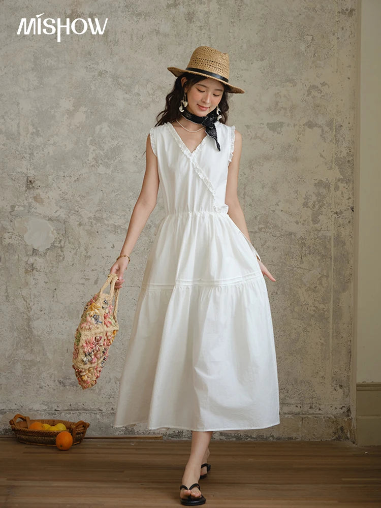 MISHOW Sleeveless Dress for Women Summer 2025 Drawstring Waist Simple Fashion Lace V-neck Dresses Female Clothing MXE37L2331