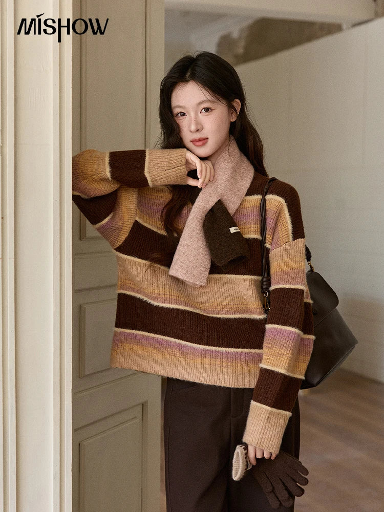 MISHOW Women's French Striped Gradient Sweater 2025 Winter Faux Mink Fleece Sweater Thick Casual Warm Knitted Top MXE94Z2891