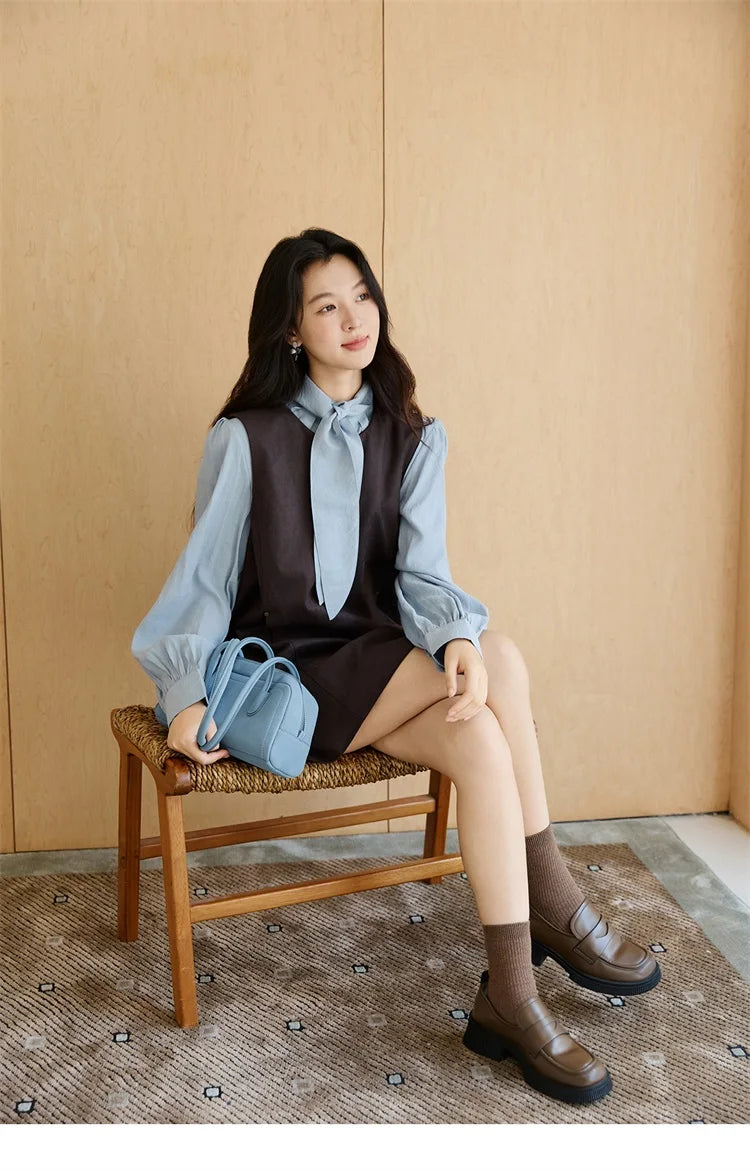MISHOW Woman Two-piece Set 2025 Autumn College Style Light Blue Shirt Dark Brown Vest Skirt Suit Woman Clothes MXE47T1408