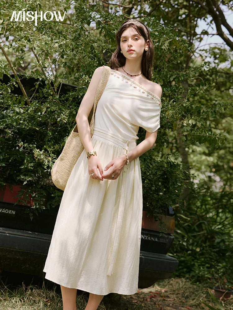 MISHOW Holiday Summer Dresses Women 2025 New Short Sleeve Shell Webbing Oblique Collar Slim Midi Dress Female Fashion MXE31L2189