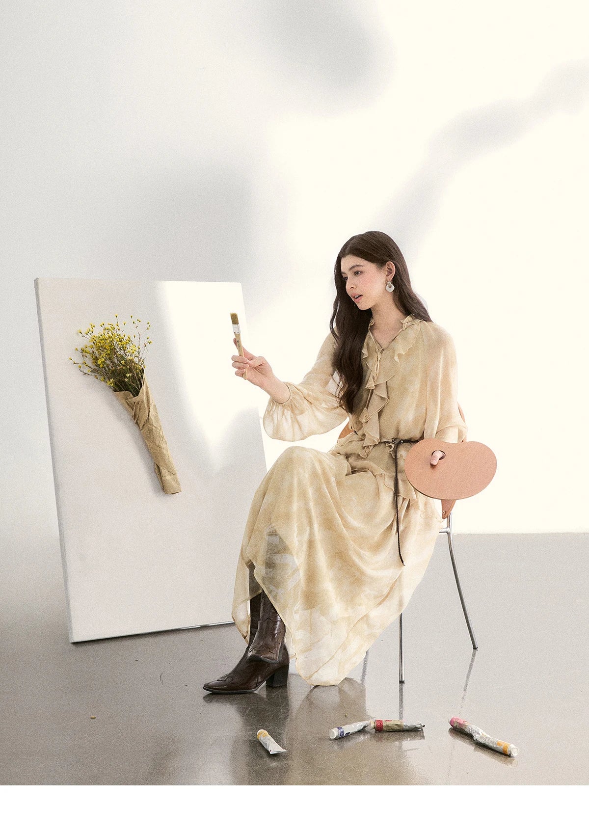 MISHOW Light Yellow Chiffon Maxi Dress 2026 Spring V-Neck Ruffled Belted Floral Print Casual Long Sleeve Dresses MXF11L2554