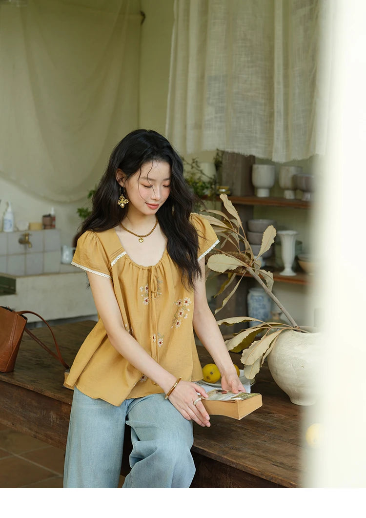 MISHOW Fashion Embroidery Flower Blouses for Woman 2025 Summer O-Neck Lace Up Flying Sleeve Lace Spliced Loose Top MXE39X1880