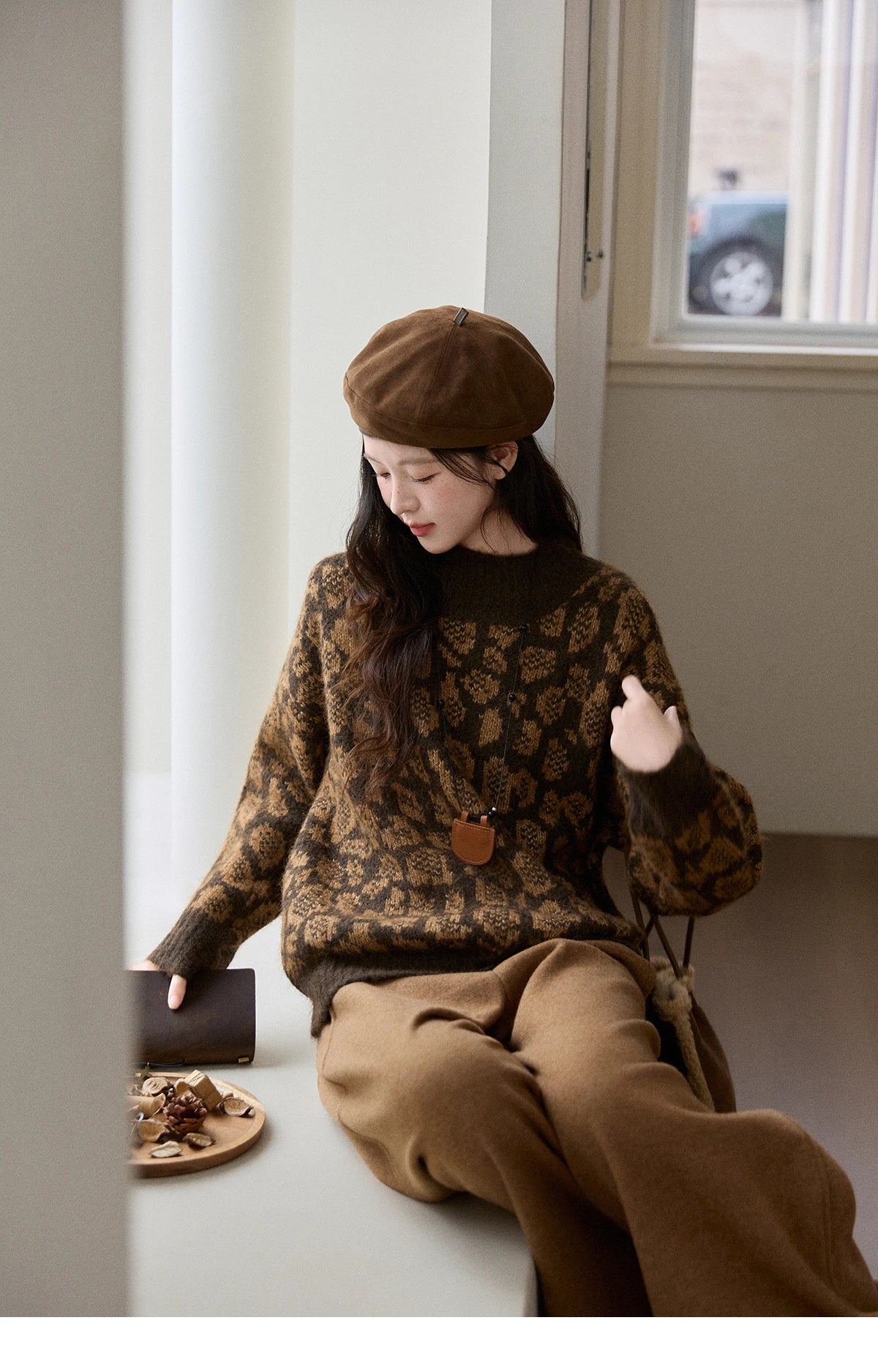 MISHOW Women's Color Block Geometric Leopard Jacquard Sweater Winter French Half Turtleneck Dropped Sleeve Knitwear MXE91Z2839