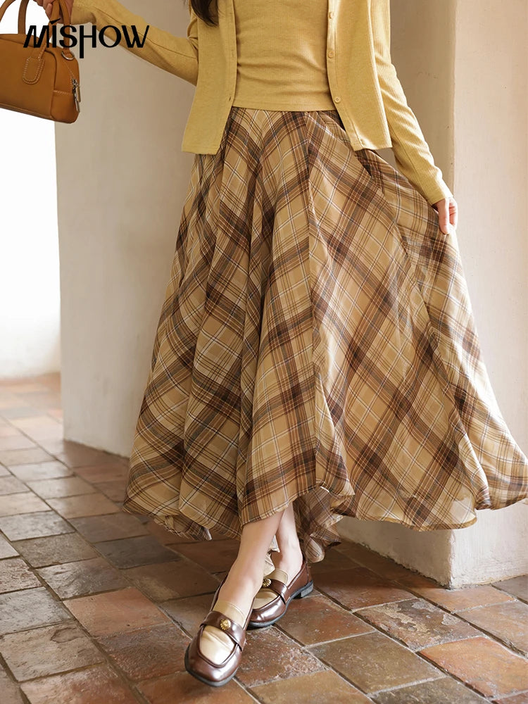 MISHOW Coffee Plaid Skirt 2025 Autumn Asymmetrical Hem Skirts Female Retro Side Zipper Commuting A-line Midi Skirt MXE42B2377