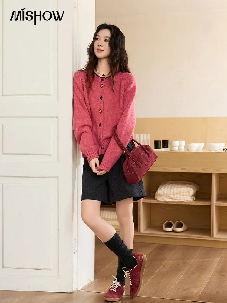 MISHOW Color Button Thickened Sweater for Women 2025 Winter Minimalist Loose Crew Neck Long Sleeves Cardigan Ladies MXE88Z2688