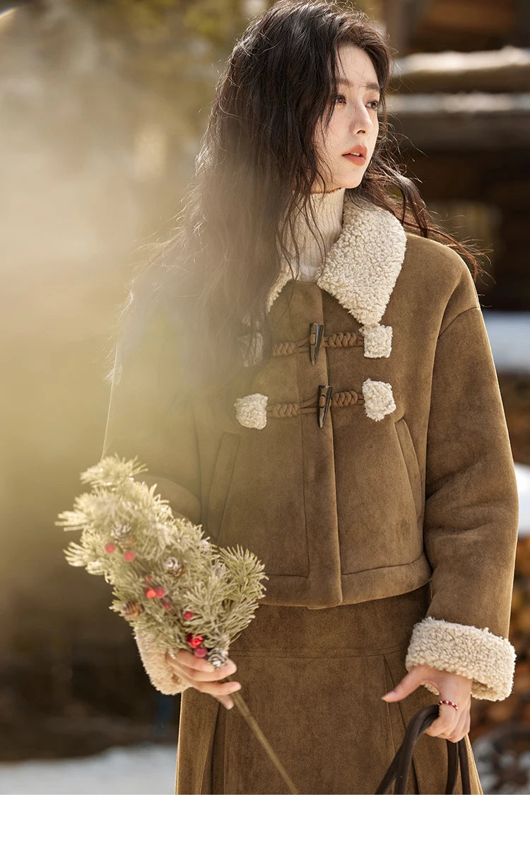 MISHOW Vintage Coats Midi Skirts Separately Brown Suede Plush Jacket Bull Horn Buckle Spliced Design Thick Warm Top MXD36W0500