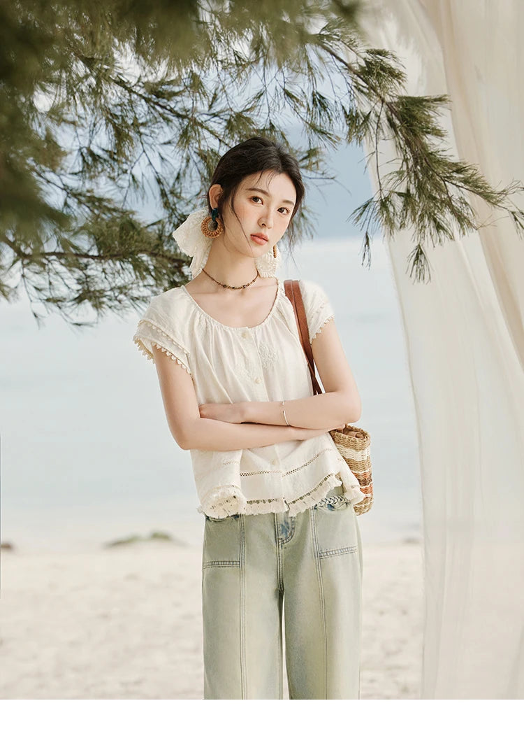 MISHOW Embroidered French Shirt Women Summer 2025 Short Sleeve Round Neck Solid Blouses Female Fashion New Tops Lady MXE33X1744