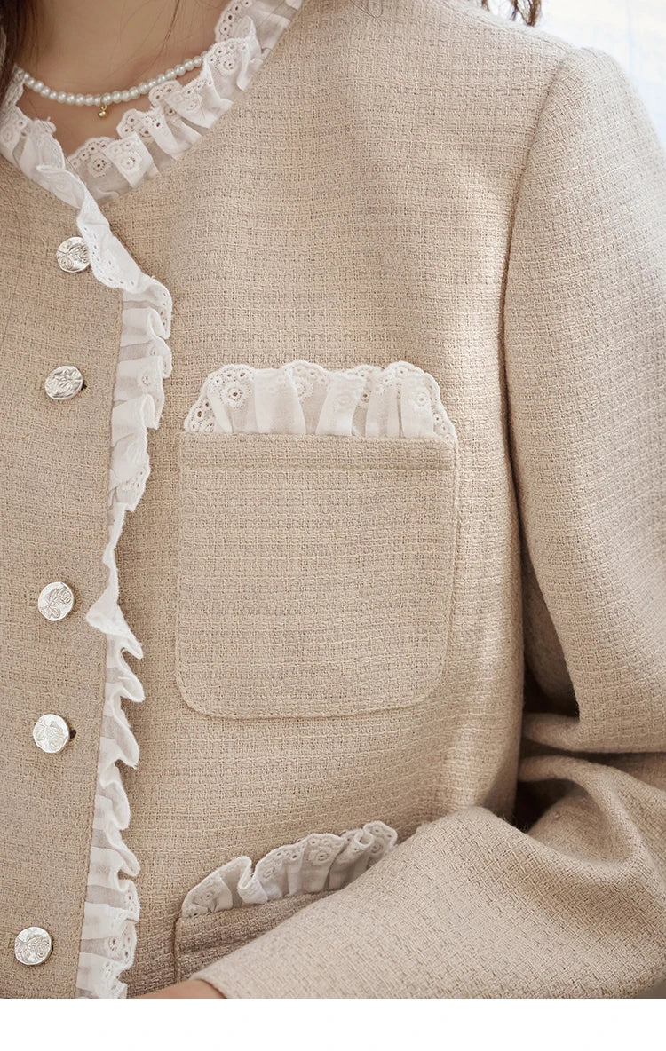 MISHOW French Fragrant Coat Solid Skirt Separately 2025 Spring Collar Pocket Splicing Lace Top Hem Split Back Skirt MXD12W0274