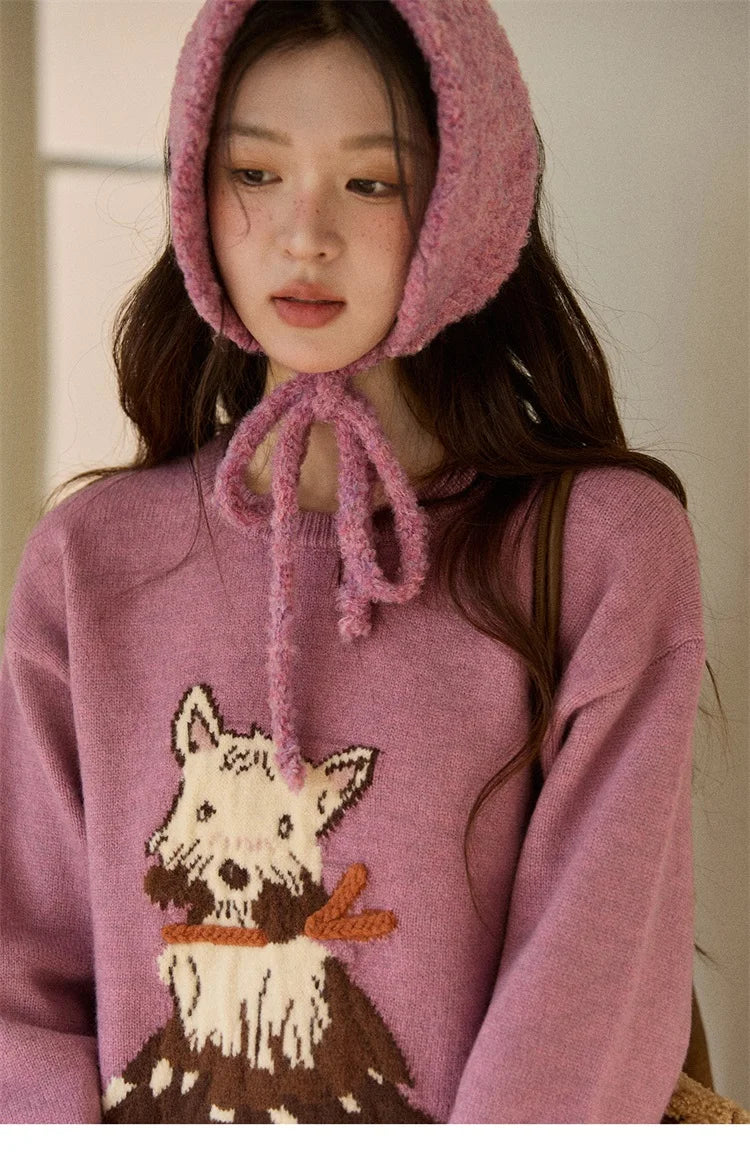 MISHOW Women's Jacquard Dog Thick Sweater Winter Purple Arctic Fleece Loose Soft Knitted Tops (Headband Not Included) MXE88Z2599