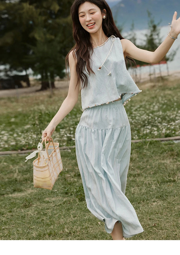 MISHOW Casual Vest Skirt Sets for Women Summer 2025 Sleeveless Round Neck Vests Solid Midi Skirts Female Fashion MXE33T0526