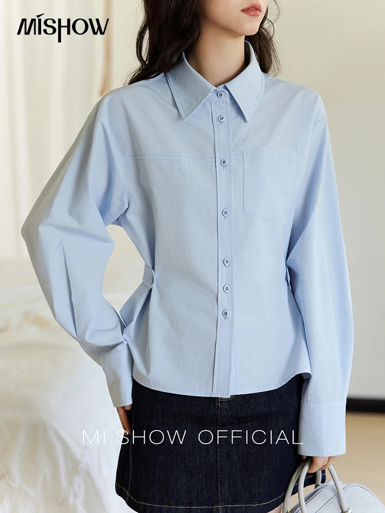 MISHOW Women's French Blue Shirt Long Sleeve 2025 Spring Polo Collar Waist Pocket Versatile Shirt Single Breasted Top MXE14C0753