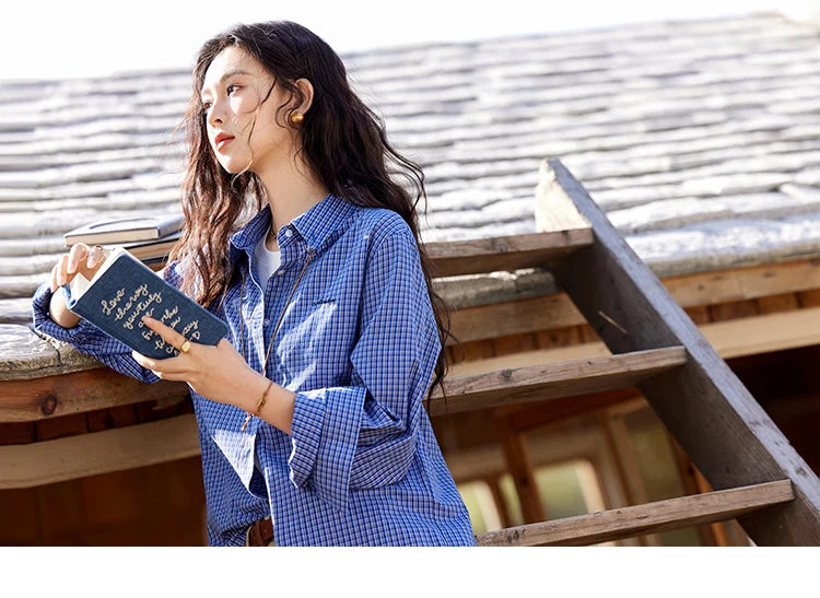 MISHOW Fashion Retro Blue Checkered Shirt Women's Autumn New Loose Casual Lapel Cotton Shirts Long Sleeves Tops Women MXE11C0398