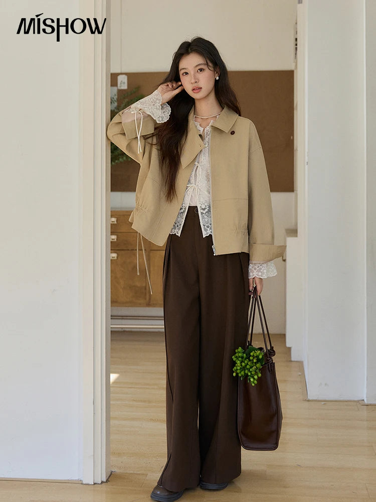 MISHOW Women's Khaki Cropped Jacket 2026 Spring Asymmetrical Collar Drawstring Waist Short Jackets Casual Loose Coat MXF11W1029