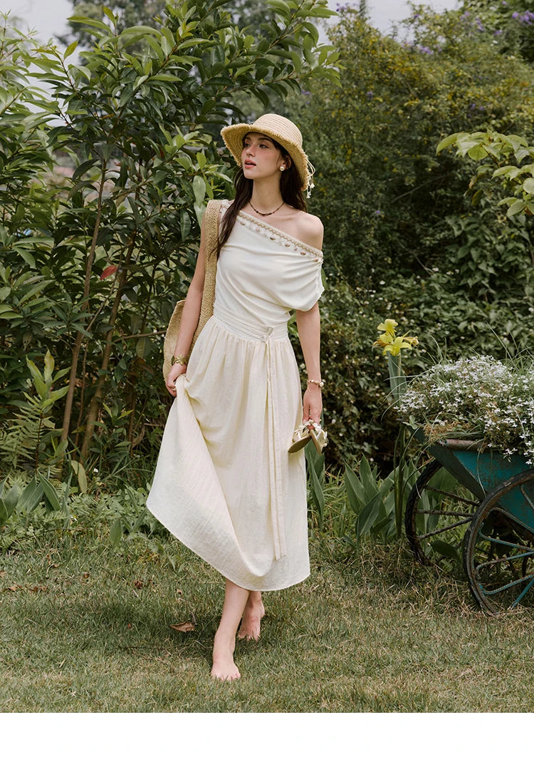 MISHOW Holiday Summer Dresses Women 2025 New Short Sleeve Shell Webbing Oblique Collar Slim Midi Dress Female Fashion MXE31L2189