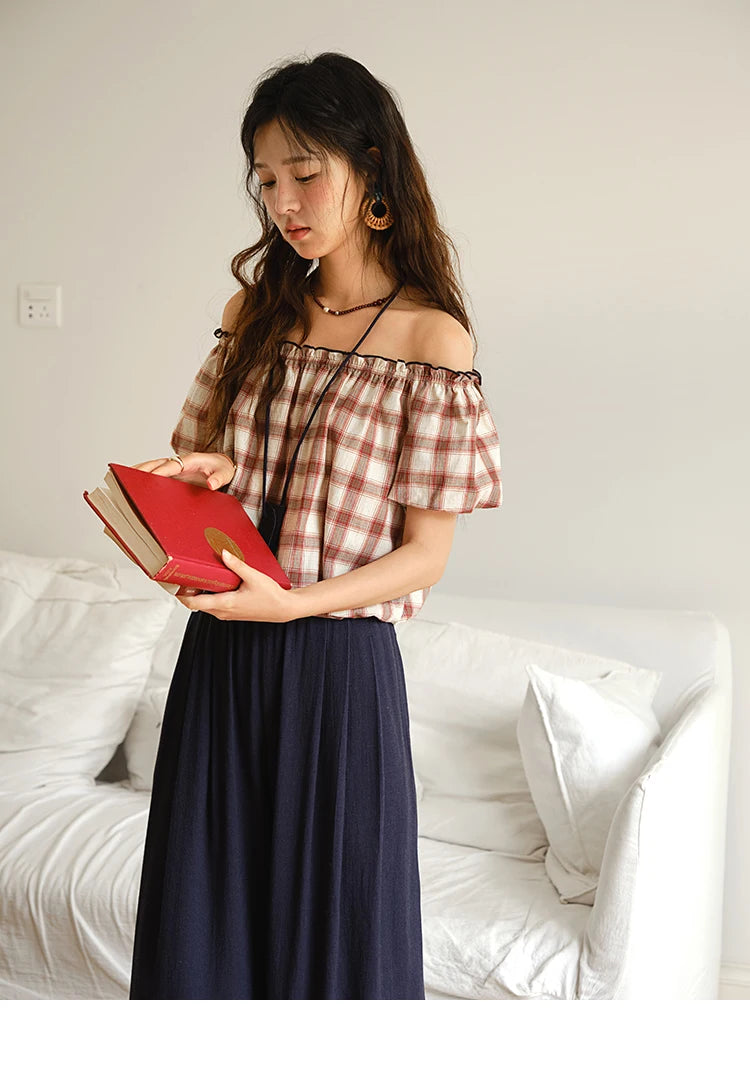 MISHOW Two Piece Set for Women Retro Red Grid Puff Sleeve Top+Casual Elastic Waist Wide Leg Pants Set 2025 Summer New MXE37T0649