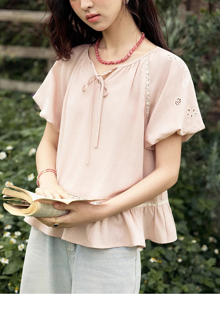 MISHOW French Summer Blouse Women 2025 Short Puff Sleeve Round Neck Solid Hollow Embroidery Shirts Woman Holiday Thin MXE31X1747