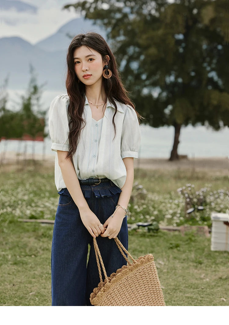 MISHOW French Summer Blouses Women New 2025 Solid Short Sleeve Turn-down Collar Slimming Shirts Female Straight Thin MXE33C0782