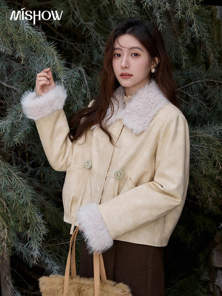 MISHOW Apricot Suede Jacket with Plush Collar Lapel for Women 2025 Winter Warm Overcoat Ladies Retro Thickening Coats MXE91W0987