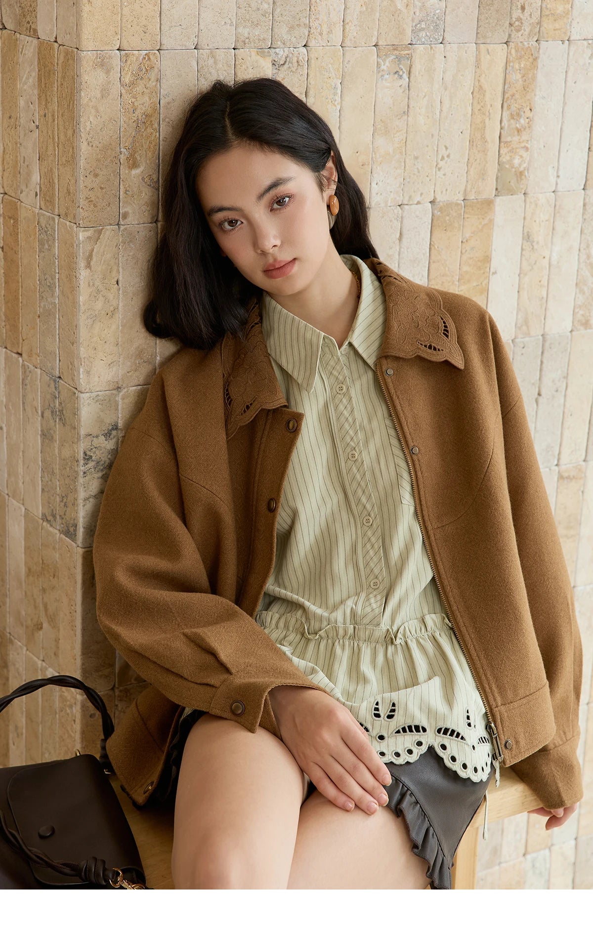 MISHOW Brown Woolen Coat for Women 2025 Winter Hollow Out Embroidery Turn Down Collar Retro Short Loose Casual Coat MXE49W0856