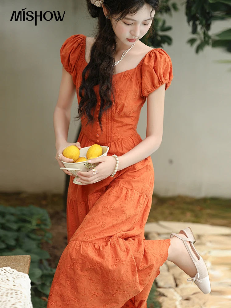 MISHOW 100 Cotton Orange Embroidered French Dress Women 2024 Summer V Neck Mid Length Dress Solid Loose A-line Dress MXD29L1931