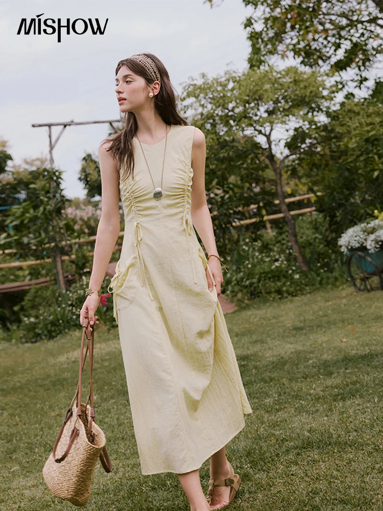 MISHOW Office Lady Summer Dress Women New 2025 Sleeveless Round Neck Drawstring Waist with Pockets Slim Dresses Woman MXE34L2228