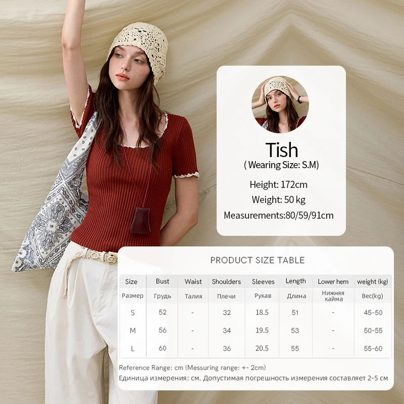 MISHOW Office Lady Summer Sweater Women 2025 New Solid Short Sleeve Lace Collar Contrast Color Hook Design Tops Slim MXE33Z1218