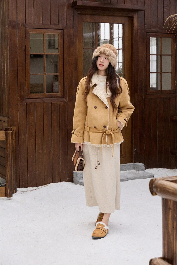 MISHOW Women Winter Jacket 2025 Fashion Suede Lambskin Fleece Coat Commute Windproof Retro Double-breasted Warm Coat MXE86W0907