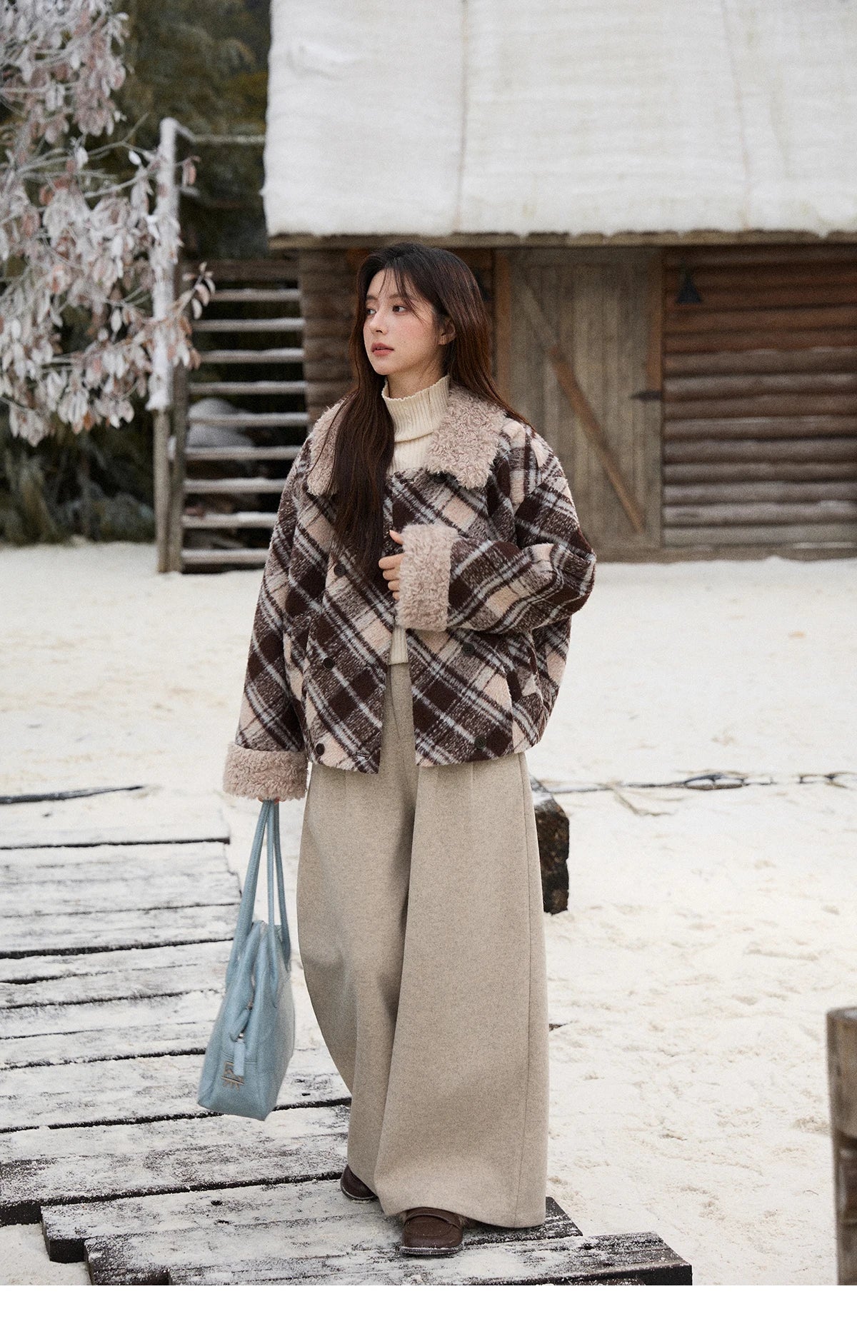 MISHOW Woman Jacket 2025 Autumn Winter Loose Retro Plaid Turn-down Collar Short Jacket Commute Warm Wool Blend Coat MXE89W0904