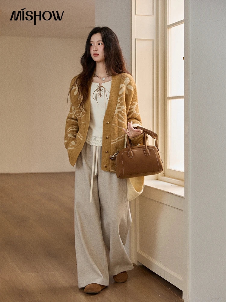 MISHOW Women Cardigan Long Sleeve 2025 Winter Fashion Yellow Jacquard Knitted Cardigan Plant Pattern V-neck Sweater MXE48Z2522