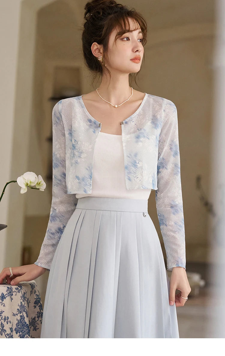 MISHOW Elegant Hollow Out Cardigan Camisole Skirt Separately Spring Lace Printing Short Cardigans Solid Pleated Skirt MXD12W0342