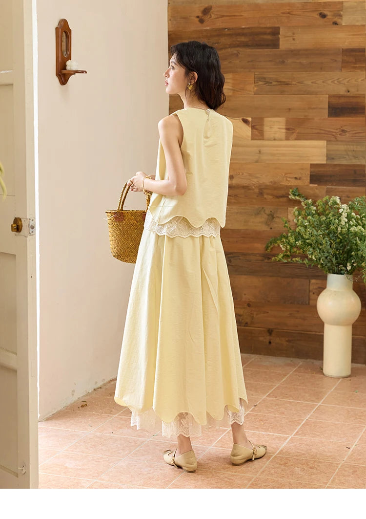 MISHOW Set 2 Piece 2025 Summer Women's O-Neck Lace Patchwork Sleeveless Top Elastic Waist Midi Skirt Elegnat Set MXE36T0641