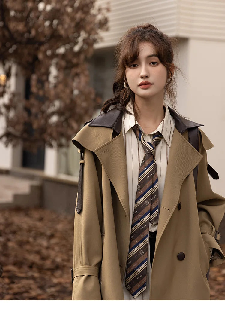 MISHOW Trench Coats for Women Autumn Korean Office Lady Polo Collar Patchwork Long Mid-length Jacket Female Outerwear MXB33W0399
