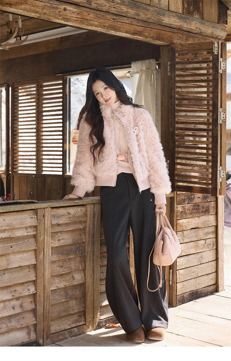 MISHOW Women's Pink Stand Collar Faux Lamb Wool Coat Winter Flower Brooch Warm Outerwear with Pockets Metal Zipper MXE91W0974