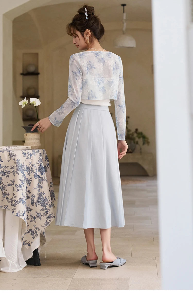 MISHOW Elegant Hollow Out Cardigan Camisole Skirt Separately Spring Lace Printing Short Cardigans Solid Pleated Skirt MXD12W0342