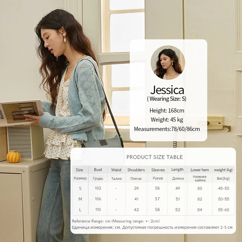 MISHOW Women's Blue Argyle Knitted Cardigan 2025 Autumn V Neck Drop Dropped Sleeve Cardigan Hollow Out Wool Blend Top MXE41Z1313