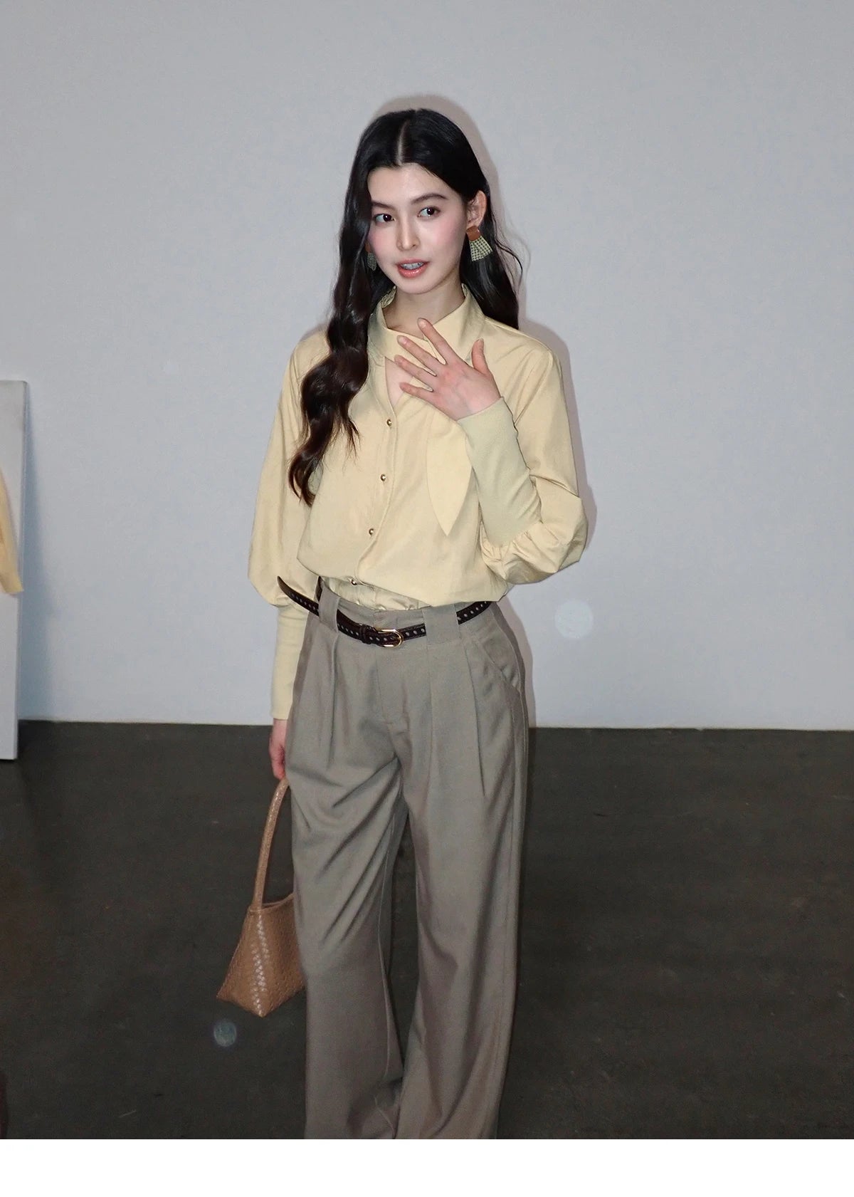 MISHOW Women's Tie Neck Shirts Spring Hollow-out Knitted Patchwork Puff Sleeve Tops Casual Elegant Shirt Office Lady MXF108C0812